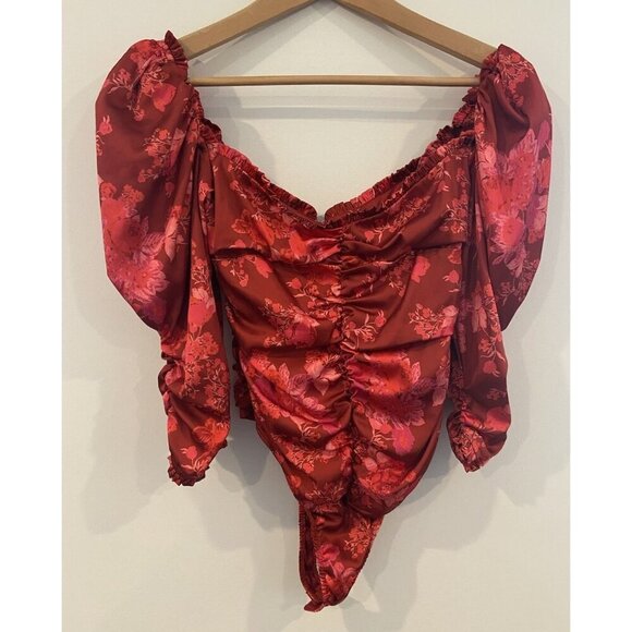 For Love and Lemons Bodysuit Ruched Puff Sleeve Red Pink Floral S - Picture 1 of 5